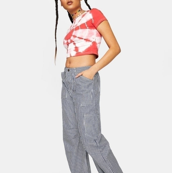 Lioness High Waisted Raw‎ Hem Pinstripe Wide Leg Jeans Size Small - Picture 5 of 11